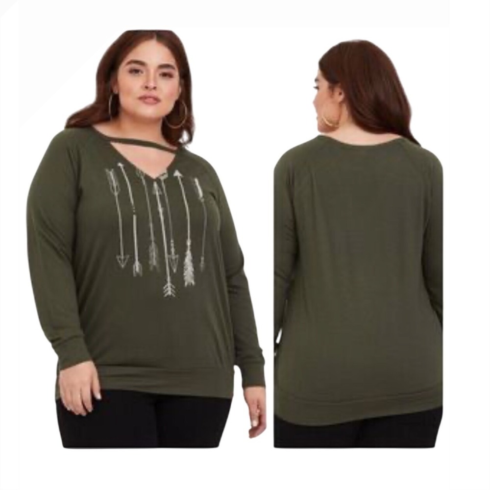 Torrid Olive Green Arrow Graphic V Neck Long Sleeve Plus Size Top